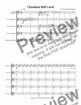 page one of Ukrainian Bell Carol (Carol of the Bells) - for Saxophone Ensemble