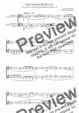 page one of Once In Royal David’s City (for trombone duet (treble clef), suitable for grades 2-6)