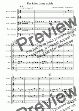 page one of The Saints (jazzy style!) for Recorder Quintet