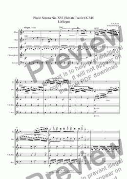 page one of Mozart: Piano Sonata No.16 in C K.545 (Sonata facile/semplice) Mvt.I I.Allegro arr.wind quintet