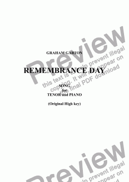 page one of SONG - 'REMEMBRANCE DAY' for Tenor and Piano (Orig. High Key) - Words: J. R. Heron Re WW I & II