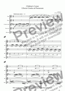 page one of Debussy: A Selection of Pieces from Children’s Corner 1. Doctor Gradus ad Parnassum 2.Jimbo’s Lullaby 3. Serenade of the Doll 5.The little shepherd 6.Golliwogg’s Cake Walk. arr. wind quintet