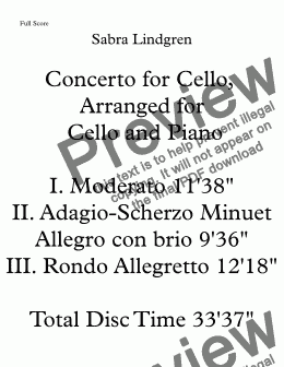 page one of Concerto for Cello, Arrangement for Cello and Piano I. Moderato