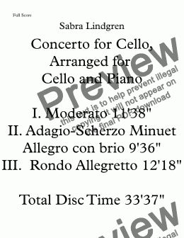 page one of Concerto for Cello, Arranged for Cello and Piano II. Adagio-Scherzo minuet allegro con brio