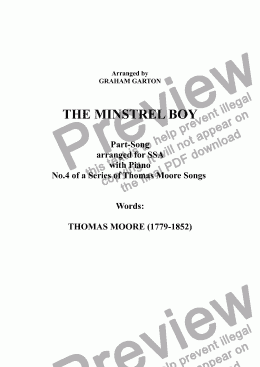 page one of PART-SONG - 'THE MINSTREL BOY' - THOMAS MOORE (1759-1852) No.4 arr. for SSA a cappella