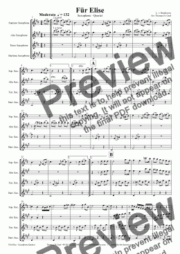 page one of For Elise - Ludwig van Beethoven - Saxophone Quartet