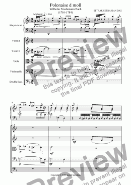 page one of Polonaise in d moll for Harpsichord and String orchestra, Arrangement by Setrak Setrakian