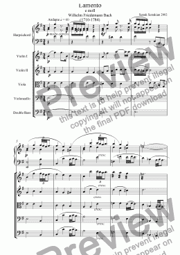 page one of Lamento in e moll for Harpsichord and string orchestra, Arrangement by Setrak Setrakian