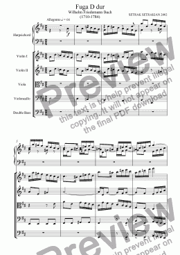 page one of Fuga in D dur for Harpsichord and String orchestra, Arrangement by Setrak Setrakian