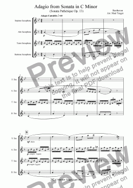 page one of Adagio from Sonata Pathetique (op13) Arranged for Sax Quartet