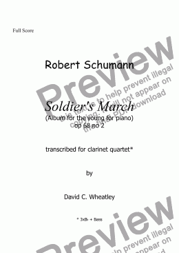 page one of Schumann 'Soldier’s march' (Album for the young) transcribed for clarinet quartet by David C Wheatley