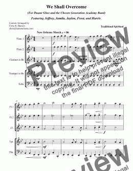 page one of We Shall Overcome (For Duane Ghee and the Chosen Generation Academy Band) Featuring Jeffrey, Jamila, Jaylen, Frost, and Harris