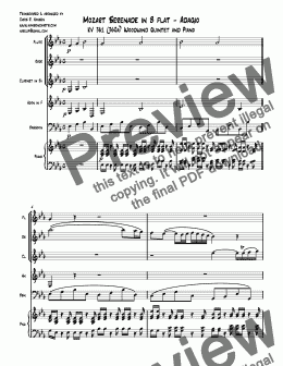page one of Mozart Serenade in B flat - Adagio KV 361 (360a) Woodwind Quintet and Piano