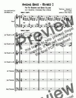 page one of Amazing Grace - Revised 2 For Tim Sanborn and Grace College for 4 trumpets, 3 trombones, Piano & Drums