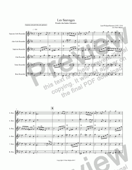 page one of Les Sauvages for Recorder Ensemble