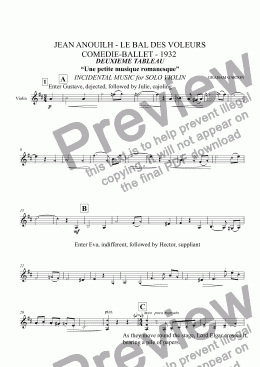 page one of INCIDENTAL MUSIC - JEAN ANOUILH - LE BAL DES VOLEURS  COMEDIE-BALLET - 1932 Deuxieme Tableau for Solo Violin