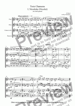 page one of Ravel: Trois Chansons: I. Nicolette (Nicolet) arr.wind quartet