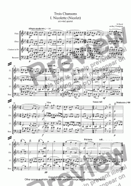 page one of Ravel: Trois Chansons (I.Nicolette,II.Trois beaux oiseaux du Paradis, III.Ronde) arr.wind quartet