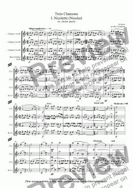 page one of Ravel: Trois Chansons (I.Nicolette,II.Trois beaux oiseaux du Paradis, III.Ronde) arr clarinet quartet