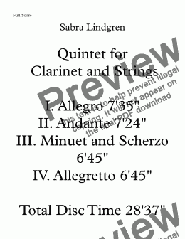 page one of Quintet for Clarinet and Strings II. Andante