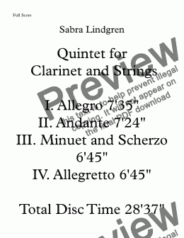 page one of Quintet for Clarinet and Strings IV. Allegretto