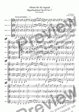 page one of Schumann: Album für die Jugend (Album for the Young) Jägerliedchen(Hunting Song) Op 68 No.7 arr.horn quartet