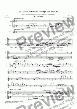 page one of *SONG CYCLE - ’AUTUMN JOURNEY for ANN" - Song Cycle for Baritone Voice, Flute, Oboe and Piano:  I - Introit -  II Autumn Journey - INTERLUDE I (Flute & Oboe) ad lib. - III Hillside - INTERLUDE !! (Flute & Oboe) ad lib. Words: J.R.Heron (6 Songs & 3 Interl