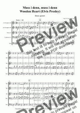 page one of Muss i denn, muss i denn - Wooden Heart (Elvis Presley) - Brass Quintet