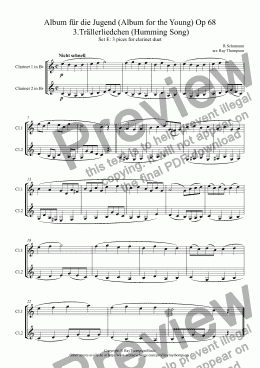 page one of Schumann: Album für die Jugend (Album for the Young) Op 68: Three pieces for clarinet duet (Set E): Nos. 3.Trällerliedchen (Humming Song), 11.Sicilianisch (Sicilienne), 7.Jägerliedchen (Hunting Song)