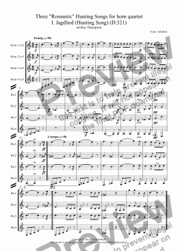 page one of Three "Romantic" Hunting Songs for horn quartet I. Schubert: Jagdlied (Hunting Song) (D.521), II.Mendelssohn: Jaglied Op19.no.3, III.Schumann: Jägerliedchen Op68 no.7