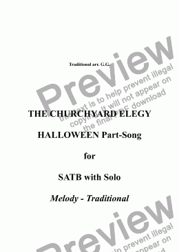page one of HALLOWEEN PART-SONG - ’THE CHURCHYARD ELEGY’ Arrangement of Traditional Melody arranged for SATB a cappella (humorous).