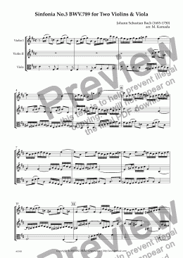 page one of Sinfonia No.3 BWV.789 for Two Violins & Viola