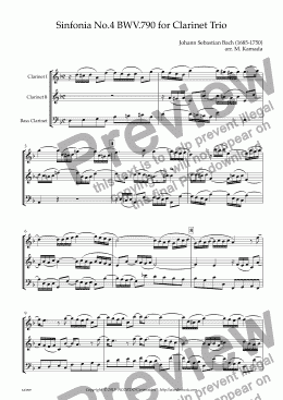 page one of Sinfonia No.4 BWV.790 for Clarinet Trio