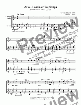page one of Aria, Lascia ch’io pianga for clarinet in Bb and guitar