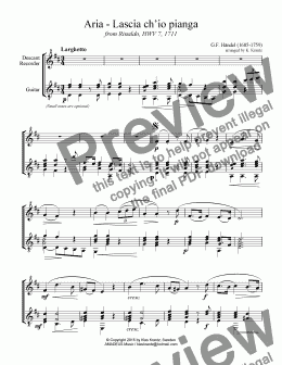 page one of Aria, Lascia ch’io pianga for D. recorder and guitar