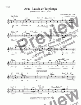 page one of Aria, Lascia ch’io pianga for voice with guitar chords, G Major (leadsheet)