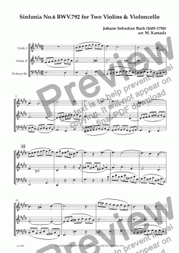 page one of Sinfonia No.6 BWV.792 for Two Violins & Violoncello