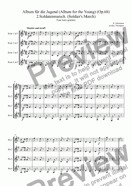 page one of Schumann: Album für die Jugend (Album for the Young) (Op.68) Four pieces for horn quartet: Nos 2.Soldatenmarsch. (Soldier’s March), 15. Frühlingsgesang (Spring Song), 20.Ländliches Lied (Rustic Song), 7.Jägerliedchen (Hunting Song)