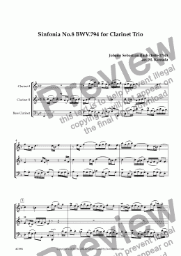 page one of Sinfonia No.8 BWV.794 for Clarinet Trio