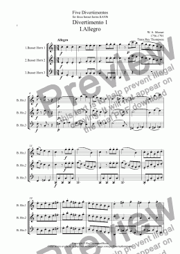 page one of Mozart: Divertimento No.1 (Complete): (Five divertimenti for basset horn trio KV439) arr. Woodwind trio (flex. trio: clarinet, alto clt, bass clt, bassoon & basset horn)