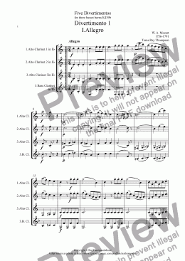 page one of Mozart: Divertimento No.1 (Complete): (Five divertimenti for basset horn trio KV439) arr. alto clarinet trio/opt bass clt.)