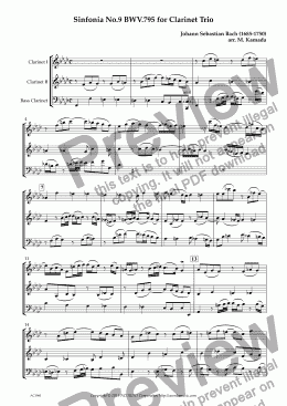 page one of Sinfonia No.9 BWV.795 for Clarinet Trio