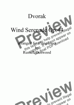 page one of Dvorak - Serenade for wind Op 44, arranged for 4 hand piano duet.