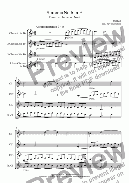 page one of Bach: Sinfonia No.6 in E, BWV 792 (Three part Invention) (transposed into Eb) arr. clarinet trio ( 2cl/bass clt with opt. 3rd clt)