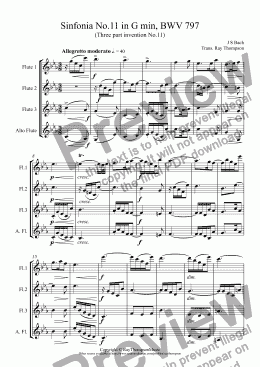 page one of Bach: Sinfonia No.11 in G min, BWV 797 (Three part Invention) arr. flute trio ( 2fl/alto fl with opt. 3rd fl)