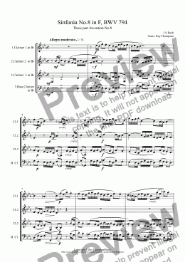 page one of Bach: Sinfonia (Three part Invention) No.8 in F, BWV 794  arr. clarinet trio
