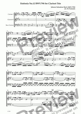 page one of Sinfonia No.12 BWV.798 for Clarinet Trio