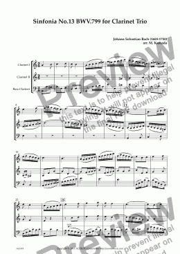 page one of Sinfonia No.13 BWV.799 for Clarinet Trio