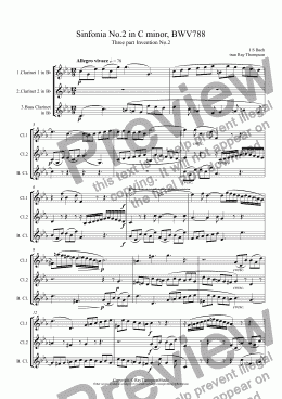page one of Bach: Sinfonia (Three part Invention) No.2 in C minor, BWV788 arr.clarinet trio