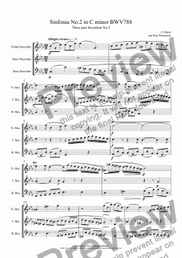 page one of Bach: Sinfonia (Three part Invention) No.2 in C minor BWV788 arr. recorder trio (TTB)